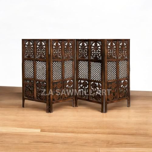 Image of Wooden Partition for Living Room, Privacy Divider, Room Separator, Office Divider, Puja Partition (Mix Frame Design - Brown, 4 Feet - 4 Panels)