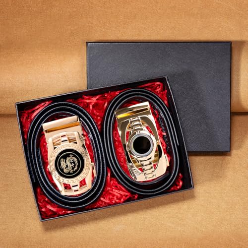 Image of Barry.Wang Mens Ratchet Belt 2 Pack Buckle Gift Set Dress Belts Leather Slide Strap Automatic 1 3 /8 inch Wedding Business