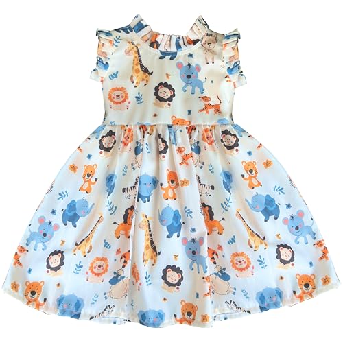 Image of Stanwells Kids Baby Girls Off-White Animal Print Cotton Rayon Knee-Length Frock | Sleeveless Summer Dress with Lion Print & Flared Back Zipper (6 Months-7 Years)