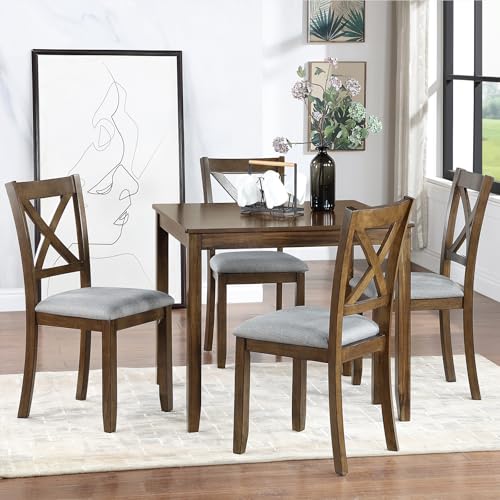 Image of Harper & Bright Designs Modern 5-Piece Dining Table Set for 4, 34.5 inch Square Wooden Table & 4 Chairs, Walnut Kitchen /Dining Room Set for Small Space