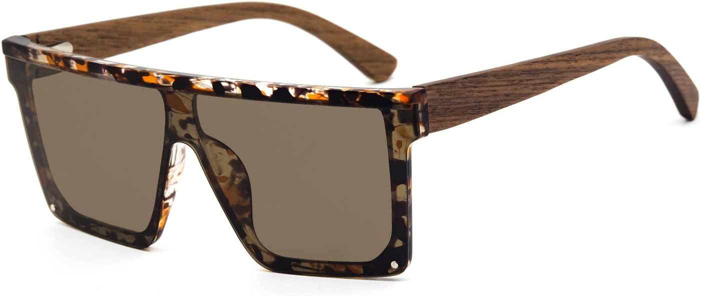 ANDOILT Wood Sunglasses for Men Women Oversized Polarized UV Protection Wooden Bamboo Fashion Flat Top Big Frame Sun Glasses