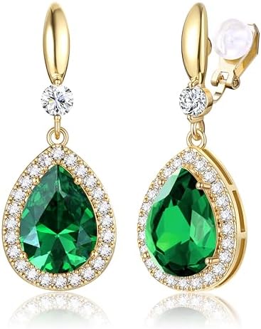 THUNARAZ Elegant Clip on Earrings for Women,Sparkling Teardrop Dangle Clip Earrings,Non-Pierced Rhinestone Cubic Zirconia Wedding Prom Jewelry 14K Gold and Silver Tone