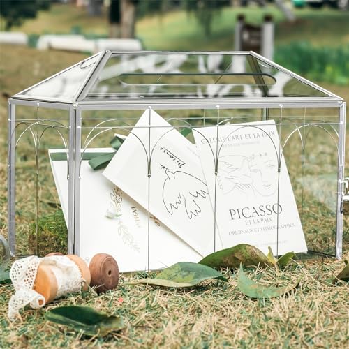 Ncyp Glass Cards Box With Slot & Lock For Wedding - 12.6 Inch X 5.9 Inch X 9 Inch - Vintage Large Geometric Terrarium thumb #1