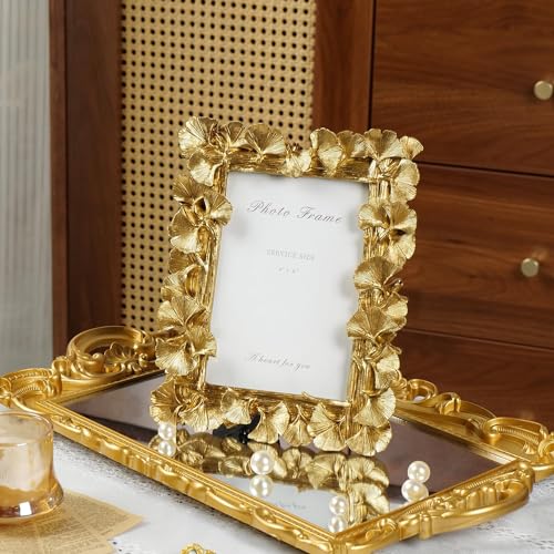 Gold Picture Frames 4x6 Vintage Gold Frame, Ornate Leaf Textured Hand-Crafted Resin with Glass Front Antique Photo Frame for Tabletop Display, Retro Design Home Decor