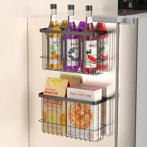 Crihovy 2 Piezas Cajas Organizadora Autoadhesivas de Pared, Caja de Almacenamiento, Organizador Puerta de Armario de Cocina, Cestas Colgante de Metal para Gabinete, Baño, Refrigerador (Negro)