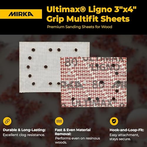 Image of Mirka Ultimax Ligno 3x4 in 180 Grit Wood Sanding Sheets Hook & Loop 50 Pack | Woodworking Sandpaper for Orbital Sanders with Multifit Holes, Fast, Even Cut and Dust Extraction on Hardwood and Softwood
