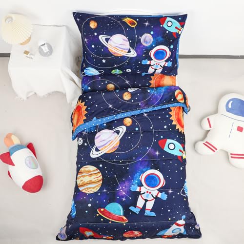 Image of SWESEN Toddler Bedding Set for Boys, Blue Space Toddler Boy Bedding Set, Soft & Lightweight 4 Piece Toddler Comforter Sets Include Comforter, Flat Sheet, Fitted Sheet, Pillowcase