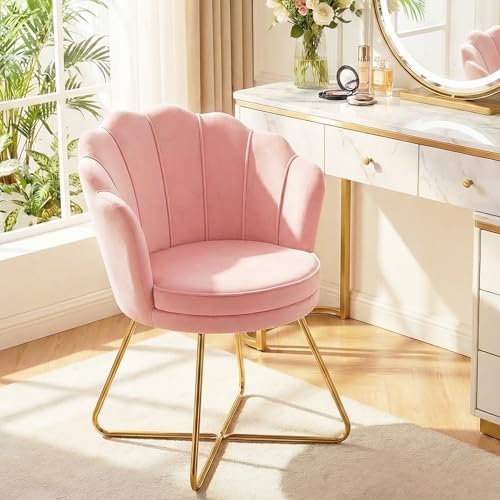 Hellove Sedia Trucco, Poltrona Conchiglia in Velluto con Placcato Oro Metallo Gambe, Moderno Poltrona Salotto con Seduta Morbida Imbottita per Camera da letto/Soggiorno/Vanità, Rosa