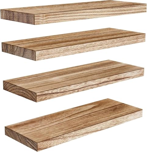 Pipishell Estanteria Pared, baldas Pared de 40 cm, Estantes de Pared de Madera de Paulownia, Estantes de Madera Juego de 4 para Baño, Dormitorio, Oficina, Salón, Cocina, etc (marrón Claro)