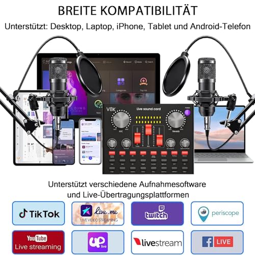 Podcast Mikrofon Bündeln, Audio Interface mit Cardioid Designer BM800 Mikrofon für Gamer und All-in-One Mischpultr, Perfekt für Live Streaming, YouTube, Gaming