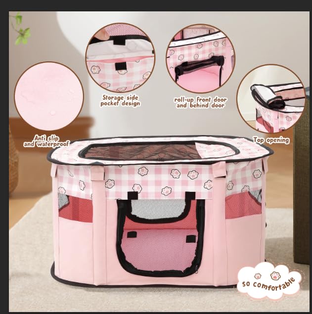 Foldable Pet Playpen Portable Dog Cat Playpen Small Dog Cat Cage Soft 70 * 55 * 40cm Indoor Outdoor Pet Tent Fence for Puppy Rabbits Hamster Small Animals(Pink) - Image 4