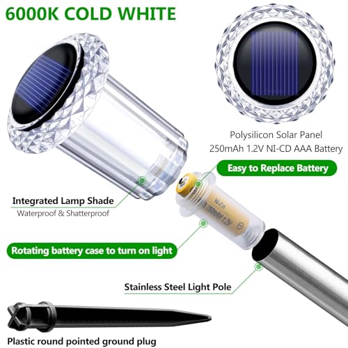 Image of DenicMic Solar Pathway Lights Outdoor Waterproof Cold White LED 15 Pack | Yard Garden Driveway Walkway Landscape Path Lights, Starburst Pattern, Acrylic Diamond-like Lampshade Stainless Steel Pole