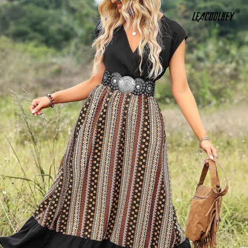 Image of LEACOOLKEY Women's Boho Disc Belt Wide Western Leather Belt Vintage Concho Waist Belts for Dress Jeans