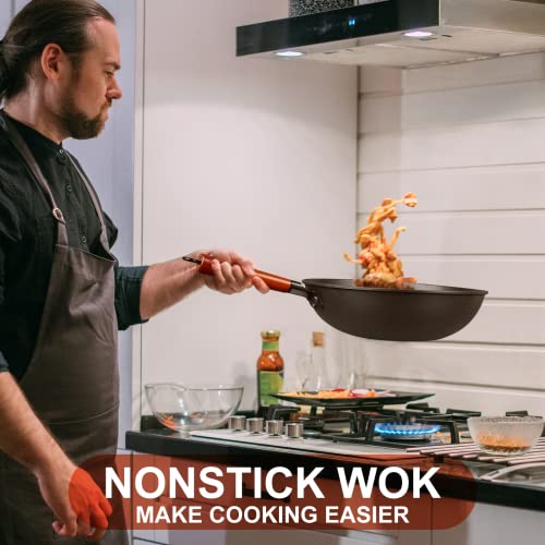 Wok Pan With Lid - 13" Nonstick Wok, Carbon Steel Woks & Stir-Fry Pans Set With 7 Cookwares, No Chemical Coated Flat Bottom Chinese Wok, For Electric, Induction And Gas Stoves #TOP6