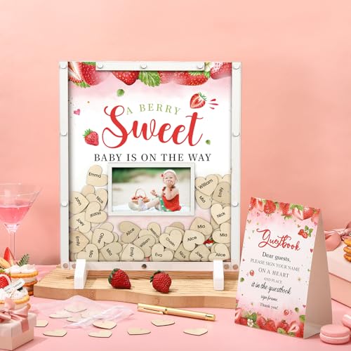 Image of Beeveer 65 Pcs Strawberry Baby Shower Guest Book Alternatives Baby Shower Sign in Guest Book Decoration with 1 Photo Frame 60 Heart Wood Slices for 60 Guests Strawberry Sonogram Frame Keepsake