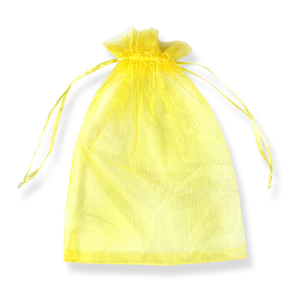 Plecupe Yellow 100 Pcs 13X18cm (5X7 Inch) Transparent Organza Drawstring Bags - Pearl Jewelry Pouches, Net Yarn Chiffon Wrapping, Ribbon Beam Pockets For Wedding, Candy Packaging