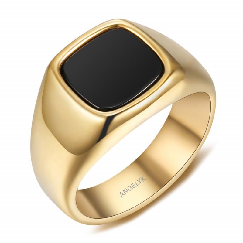 BOBIJOO JEWELRY Cabujón Cuadrado Anillo Hombres Mujeres Negro OnIx Acero Inoxidable Chapado en Oro