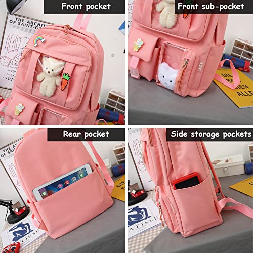Kawaii 5PCS Backpack Set for Girls with Cute Bear Accessories - School Bookbag, Shoulder Bag, Handbag, Pen Pouch & More - Perfect for Student Back to School Supplies, Off-White4