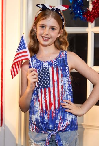Image of July 4th Girls Patriotic Sleeveless Tie Knot Front Tank Top Stars Stripes Tee Shirt 4-14 Years