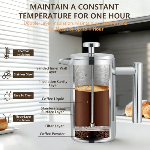 350ml Stainless Steel Double-Walled Heat-Resistant Coffee Press - Compact French Press with 3-Level Filtration System & Extra Filters - Image 6