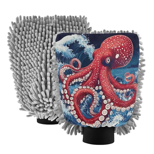 STAYTOP Octopus on The Waves Car Wash Mitt Microfiber, 2Pcs Scratch Free Lint-Free, Premium Chenille Microfiber Mitt Car Wash Brush-L
