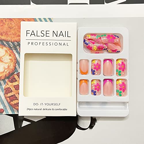 Flower Press On Nails Short Square French Fake Nails Acrylic Artificial Full Cover Spring False Nails With Multicolor Floral Designs Glue On Nails Beautiful Nails For Women Decoration 24Pcs #TOP4