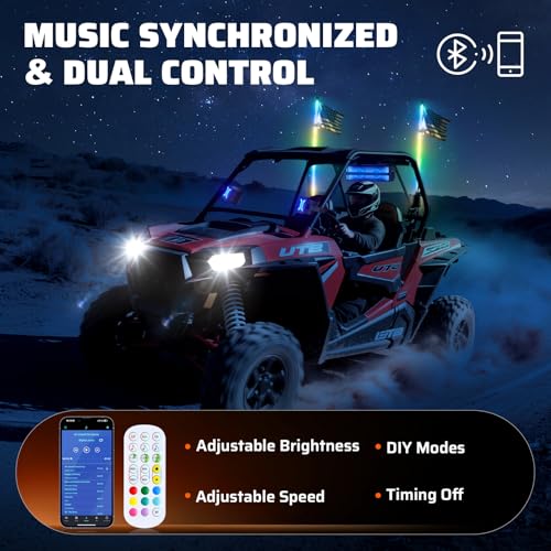 Image of Ehaho 1 PC 2FT Whip Lights with Spring Base, APP & Remote Control Led Whip Lights for Side by Side, Spiral RGB Chasing Lighted Whips with Rocker Switch, Music Led Whips for UTV ATV RZR SXS Can-Am