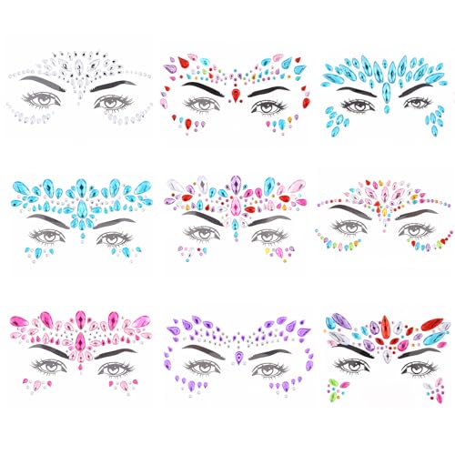 KUKUPOW Face Gems Stickers 9 Piezas, Brillantes para la Cara, Pegatinas cara Brillantes, Cara de Gemas Pegatinas para Festival, Ojos, Efecto Glitter, Fiestas, Espectáculos y Maquillaje