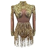2 Pieces Sequin Tassel Bodysuit Women Sexy Gold Long Sleeve Fringe Latin DS Stage Costume Performance Nightclub Bar Dj Singe (gold)