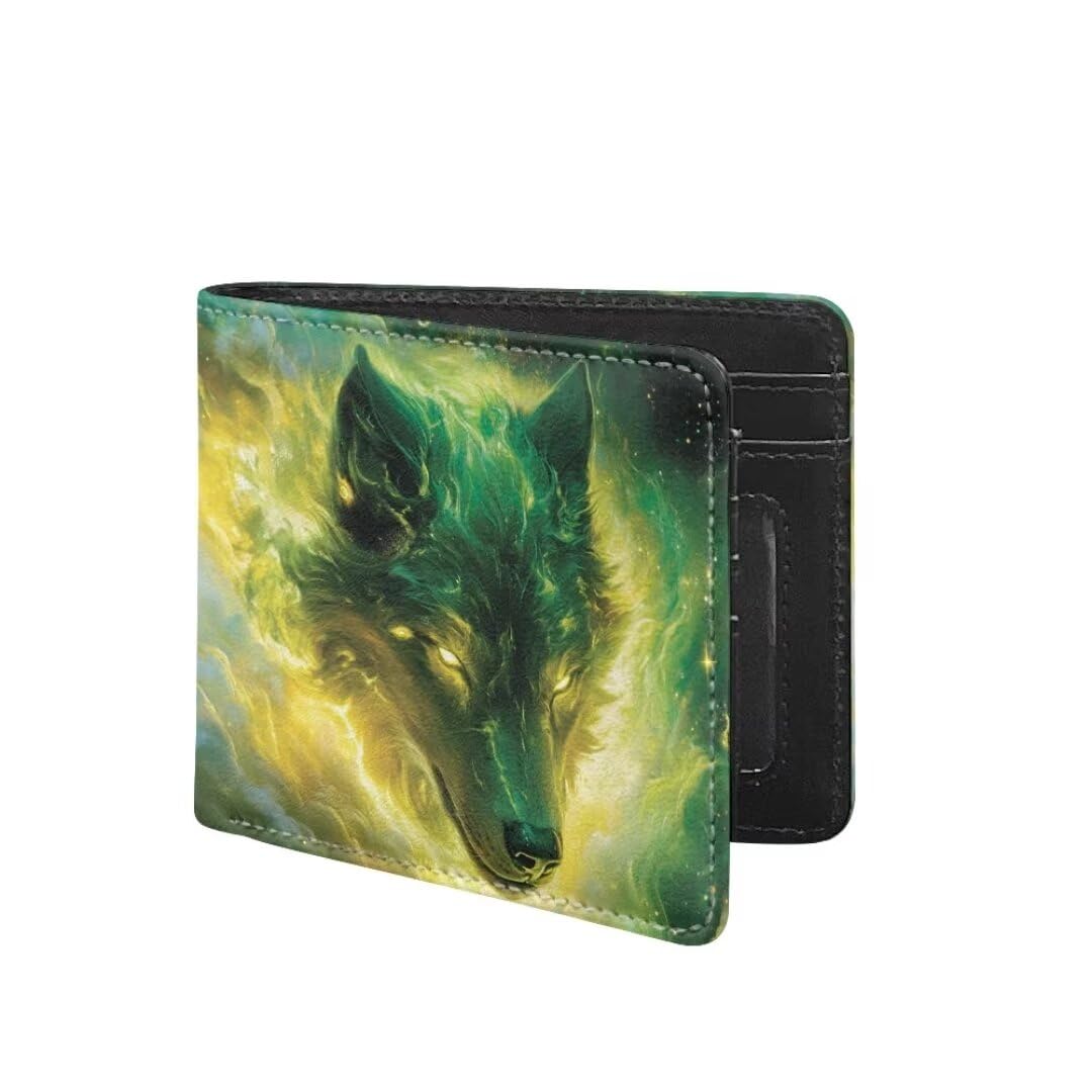 Coldinair Wolf Boys Wallets for Kids 9-12 Green Cool Wallet for Teen Boys Leather Bifold Wallet Credit Card Cash Id Holder Purse Coin Pocket Id Window for Men Boy Male Youth Guys