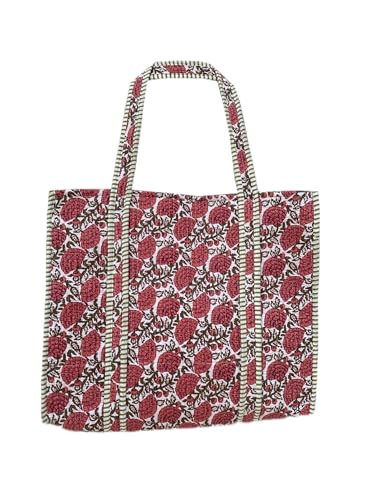 Image of Quilted Cotton Hand printed Reversible Large multicolor cotton Tote Bag,Indian Handmade Block Printed Tote Bag Women Handbag