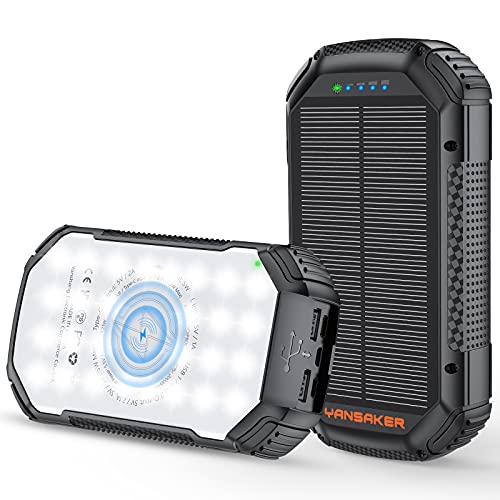 YANSAKER Solar Power Bank 20000mAh, Wireless Power Bank, 3A 15W Fast Charge Solar Charger with 4 Outputs & USB-C Port, IP66 Waterproof External Battery with 28 LEDs Camping Lamp for Outdoor Activities