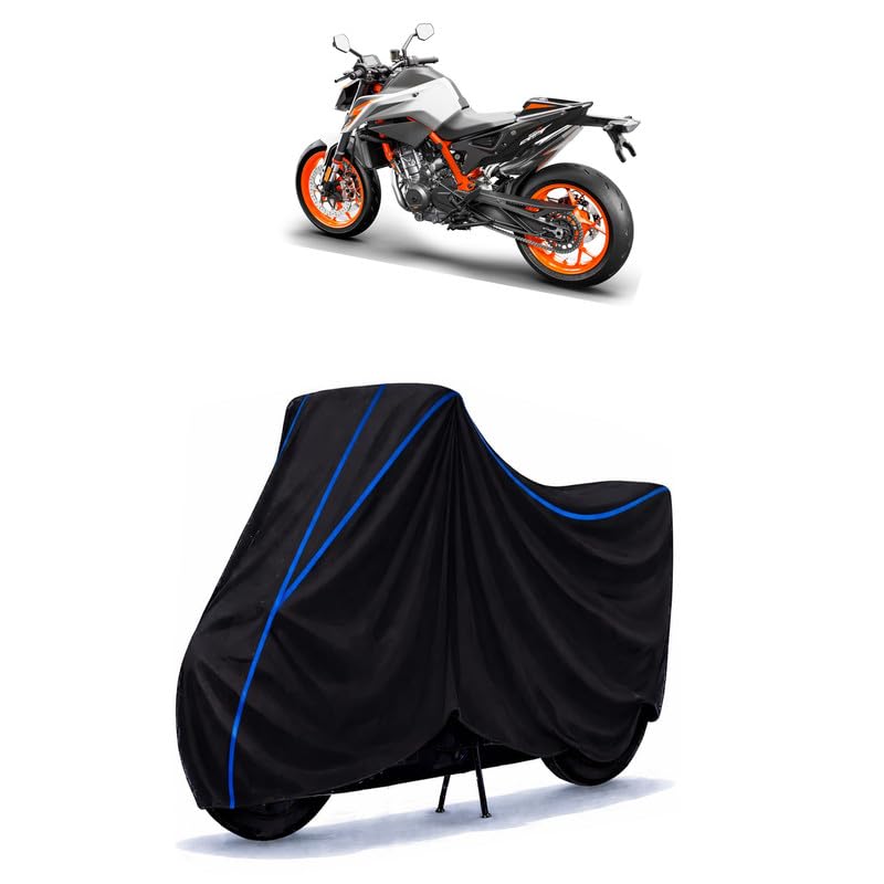 Image of KTM 890 Duke Bike Cover Water Resistant Universal Motorcycle Rain | Heavy Duty UV Protection, Dust, Scratch Indoor Outdoor All Weather with Black Blue Piping Elastic