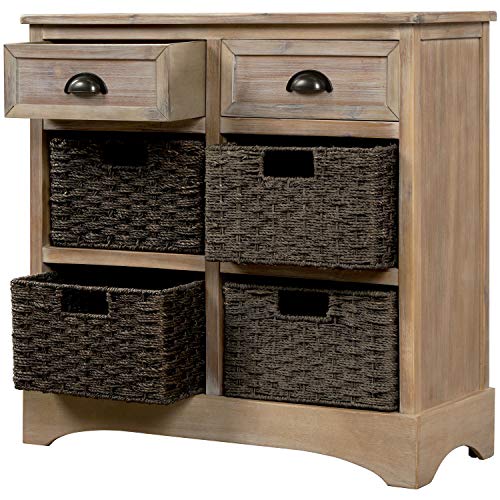 Rustic Storage Cabinet with 2 Drawers and 4 Classic Rattan Basket, for Living Room, Bedroom, Study(28