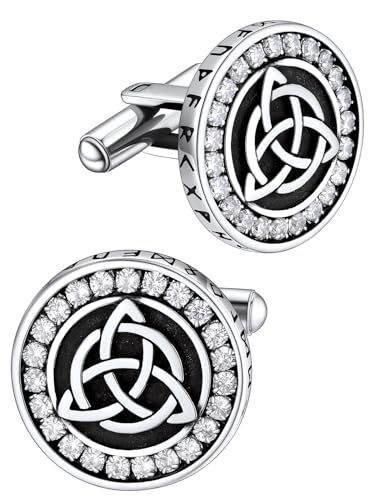 Celtic Knot Cufflinks for Men Set, Silver CZ Cufflinks for Groom Husband, Vintage Fashion Irish Shirt Accessories Groomsmen Gifts with Black Box