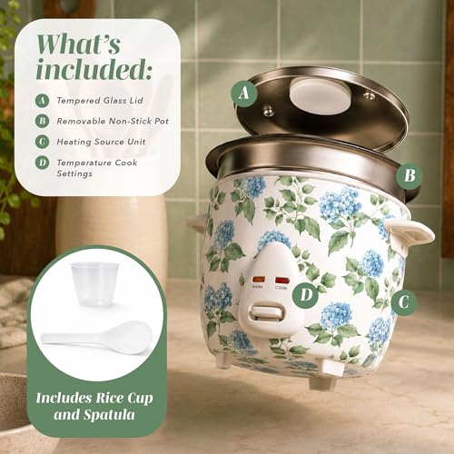 Image of COOK WITH COLOR 6 Cup Rice Cooker 300W - Effortless Cooking and Perfectly, Cooks 3 Cups of Raw Rice for 6 Cups of Cooked Rice, Floral Blue /Green