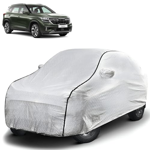 Image of Pivalo Car Cover for Kia Seltos All Model & Years (2019-2024) 100% Waterproof with Mirror Pockets, Triple Stitched Bottom Elastic Dustproof Full Body Protection (Heat & UV Resistant, Silver)