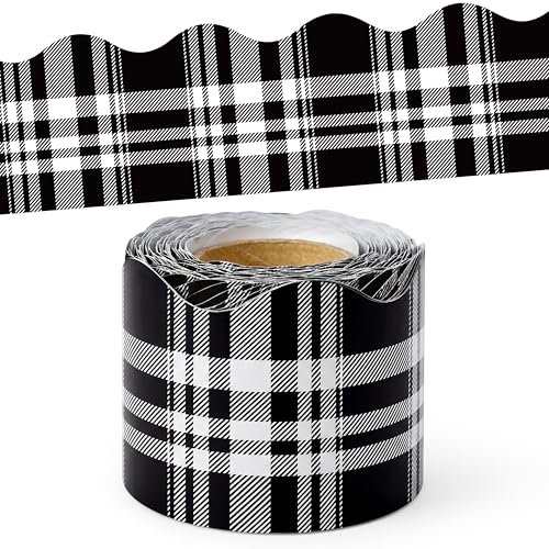 Image of BeYumi Black Plaid Border Trim - 65ft Back to School Classic Black and White Plaid Scalloped Rolled Border Trim Checkered Bulletin Board Set School Classroom Office Chalkboard Wall Holiday Party Decor