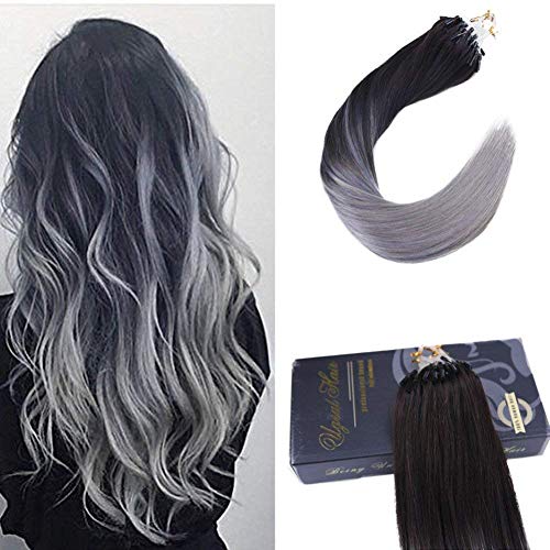 14inch Micro Ring Links Hair Extensions Real Human Hair 1g Per Strand 50 Gram Per Package Ombre Color Off Black and Silvr Remy hair 50 Grams