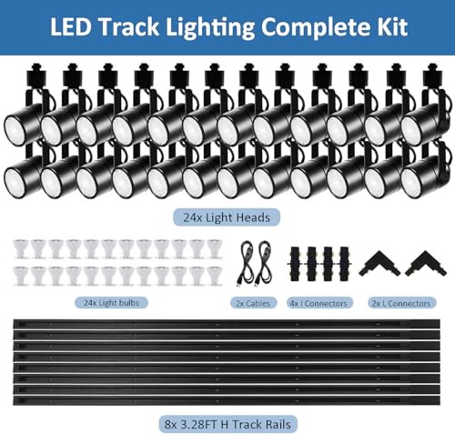 Image of GU10 LED Black Track Lighting Complete Kit, 3000K Warm White, 24 Packs GU10 Dimmable Ceiling Spotlight Fixture with 26.24ft H Type Track Rails, Replaceable 10W LED Bulbs for Home