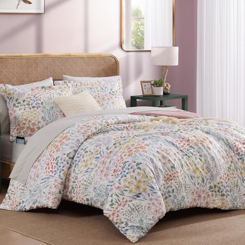 CASAAGUSTO Full Comforter Set, 7 PCS Pinkish Floral Comforter Set with Flowers Leaves Pattern, Soft Seersucker Design All Season Full Size Bedding Set(80"X90")