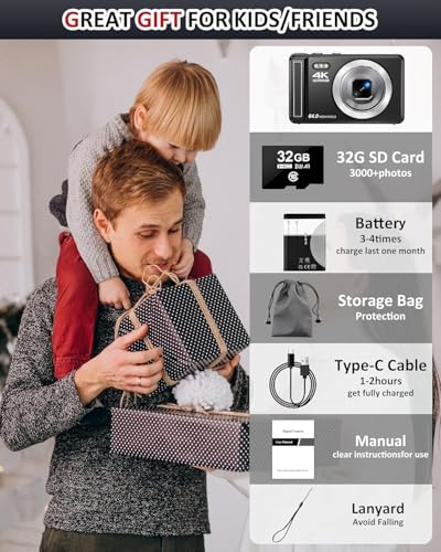 4K Digitalkamera,2.8 Zoll 64MP UHD Fotokamera mit 32-GB-Karte, 1200mAh Akku, 16-facher Digitalzoom Autofokus Kompaktkamera für Kinder Anfänger Teenager