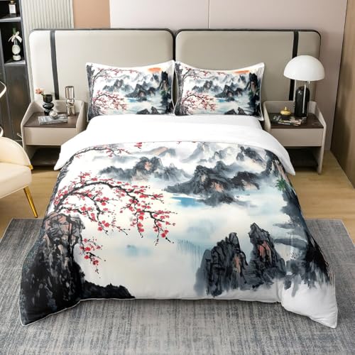 richhome Enfants Fleurs de Cerisier Ensemble de literie Fleur de Prune Housse de Couette 220x240cm Encre Chinoise Peinture de Paysage 100% Coton Parure de Lit...