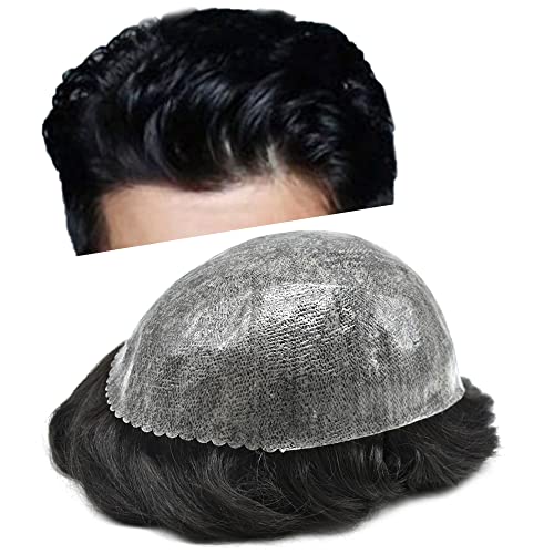 Toupee for Men Hairpiece Full Injected Poly Skin Hair System Replacement Durable PU Mens Toupee Hair Piece Unit for Men (#1B Off Black/Natural Black-120% Medium Light to Medium, 6''X9'')