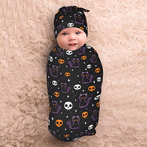 Image of moremohome Halloween Cat Baby Swaddle Blankets & Hat Set (2 Pack, 21" x 11.5", Polyester, Unisex, 0-3 Months)