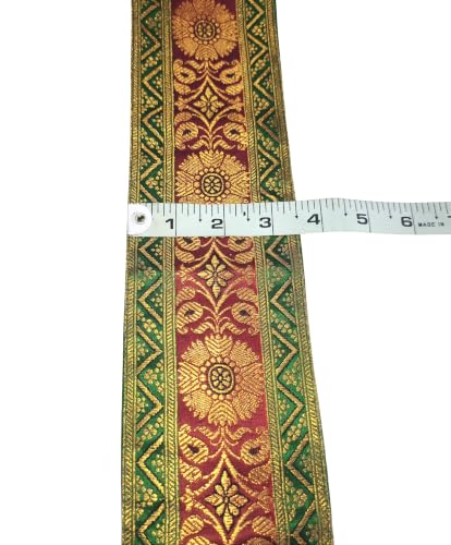 Image of Brocade Ethnic Work 9 Meter Laces and Borders Material for Dresses, Sarees, Lehenga, Suits, Blouses, Dupatta, chunri and Crafts (Green x Maroon Copper)