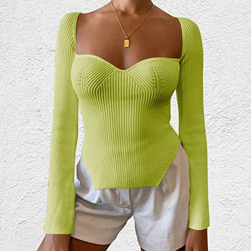 Image of Women's Square Neck Ribbed Knitted Sweater Long Sleeve Crop Slim Fitted Basic Pullover Tops
