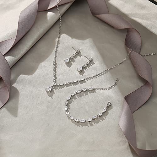 EVER FAITH Teardrop Cubic Zirconia Bridal Jewelry Sets for Bride, Sparkly CZ Elegant Pendant Necklace Dangle Earrings Bracelet Set for Women4