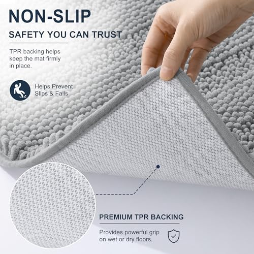 Image of Smiry Thick Chenille Bathroom Runner Rugs 59x24, Absorbent Striped Bath Mat, Machine Washable, Rubber Backing, Extra Long Bath Rugs for Tub & Shower, Modern Home Decor Accessories, Light Grey
