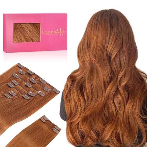 WENNALIFE Clip in Hair Extensions Real Human Hair, 16 Inch 150g 9pcs Human Hair Extensions Clip In, Dirty Ginger Hair Extensions Clip In Real Hair Coloured Remy Human Hair Extensions